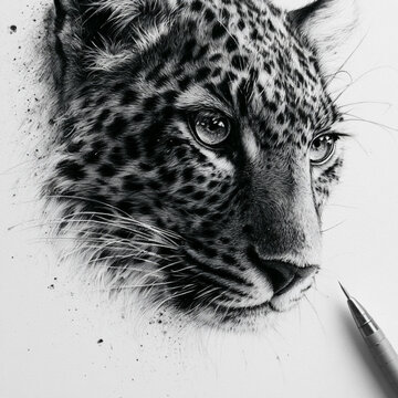 Detailed pencil sketch illustration of a leopard head portrait with mechanical pencil