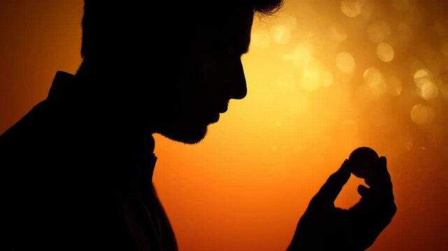Silhouette of a man holding a small round object against a warm glowing sunset background