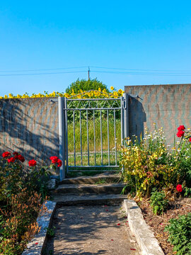 Charming countryside garden entrance with colorful flowers and metal wicket gate