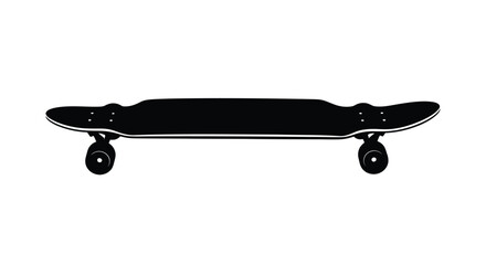 A black silhouette of a longboard skateboard against a white background showcasing its shape silhouette skateboarding board © ARSM D