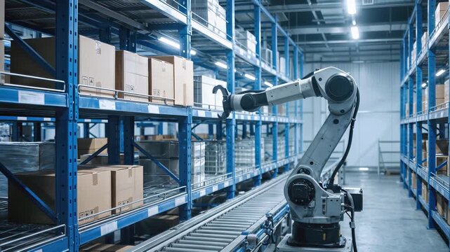 Automated robotic arm handling cardboard boxes in modern distribution center. Industrial automation in smart warehouse facility. Panning camera movement.