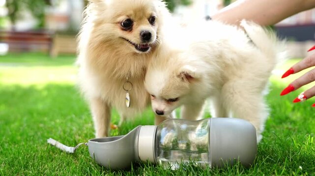 Woman feeding water to adult spitz and puppy on lawn, pet owner care, warm summer family moment.