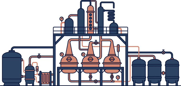 Industrial distillery plant illustration with copper stills and pipelines for chemical or beverage production process