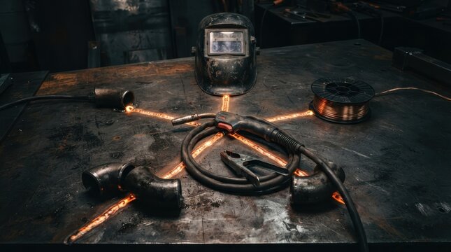 Welding helmet, wire spool, steel pipe elbows, and MIG torch with glowing weld beads for industrial network expansion.