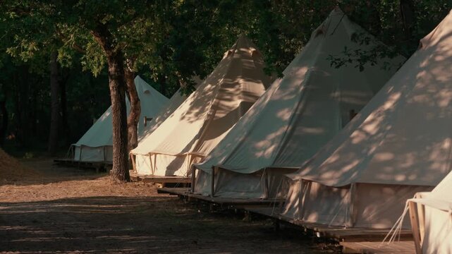 Camping bell tents on a campsite, glamping summer vacation in a forest