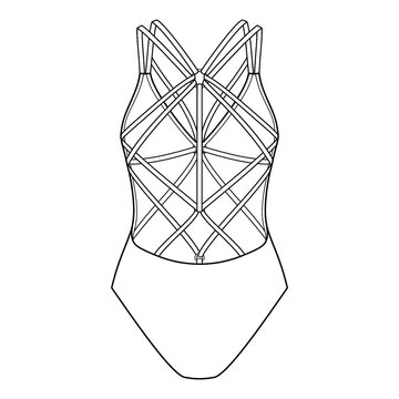 Hand drawn sketch of strappy monokini swimsuit back view.