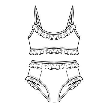Hand drawn sketch of ruffle bikini set front view.