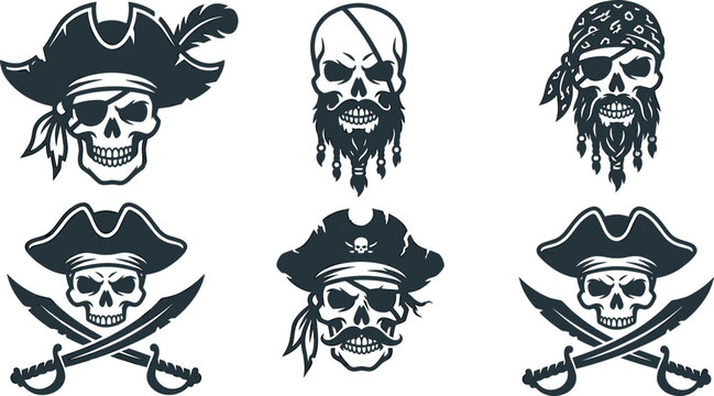 Pirate skull silhouette emblem set featuring captain tricorn hats, eyepatches, braided beards, bandanas, and crossed cutlass swords for nautical adventure and halloween tattoo d