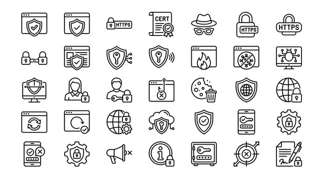 Cybersecurity Icons Set: Shield, Lock, Hacker, Data Protection, Network Security