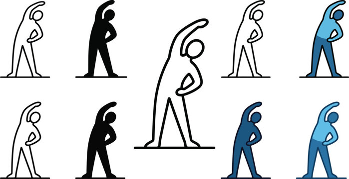Collection of fitness icons showing a person performing side stretch exercises in various styles and color schemes