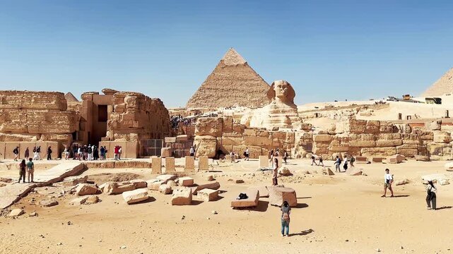 The Great Sphinx guards the pyramids of the pharaohs at Giza.
