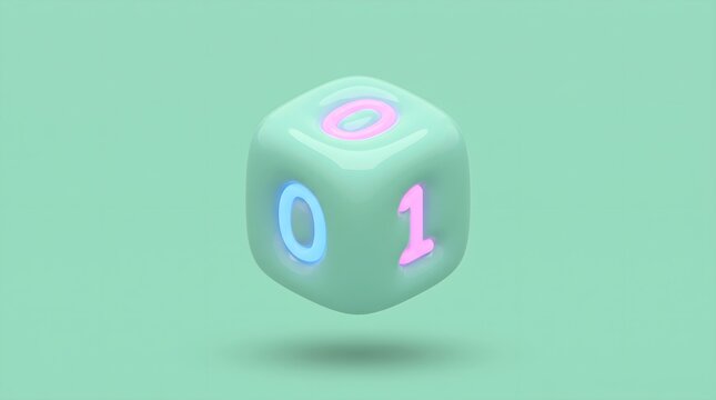 3D render of a glossy binary cube icon illustrating digital data, technology, and choices isolated on a mint background.