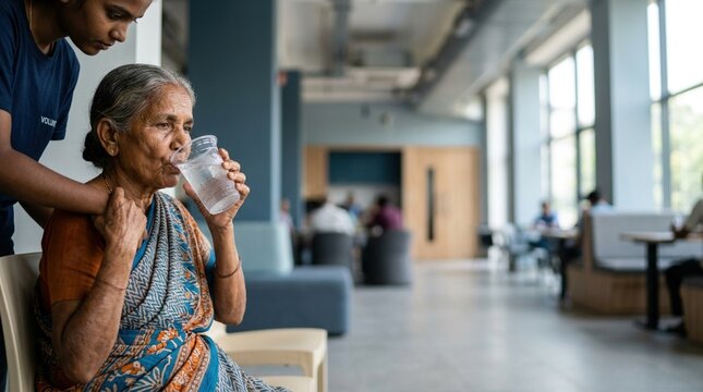 Young caregiver assists elderly woman in traditional sari as she drinks water in a modern indoor setting with soft lighting and contemporary furniture