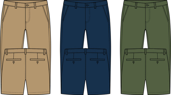 Men casual chino pants and shorts fashion technical sketch vector template set with pockets showing front and back views for apparel manufacturing and retail mockup designs