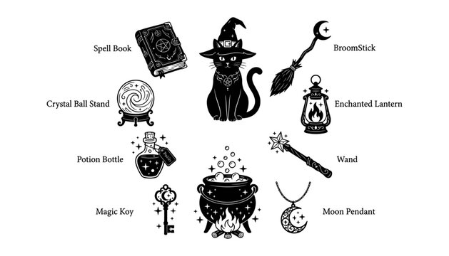 Cat Familiar Illustration with Magic Icons, Including Spell Book, Potion Bottle, Wand, Broomstick