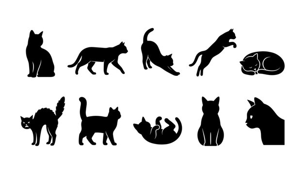 Cat Icons Set of Black Silhouettes on White Background for Pets and Animal Vector Graphic Design