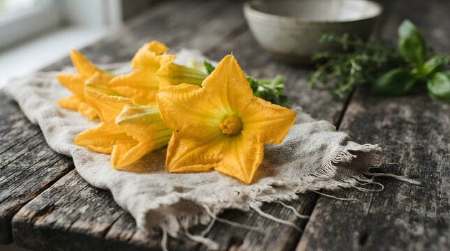 Freshly picked vibrant yellow squash blossoms resting on a rustic linen cloth atop a weathered wooden kitchen table next to a small ceramic bowl and herbs