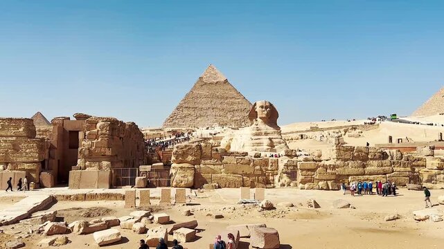 The Great Sphinx guards the pyramids of the pharaohs at Giza.