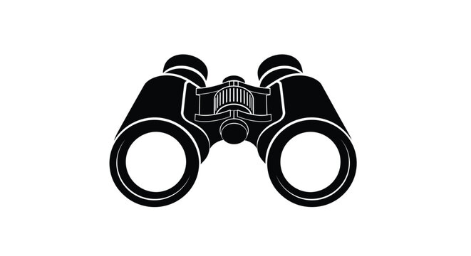 A black silhouette of binoculars with detailed central adjustment knob isolated on a white background silhouette optics
