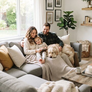 Family and dog relaxing on sofa with blanket