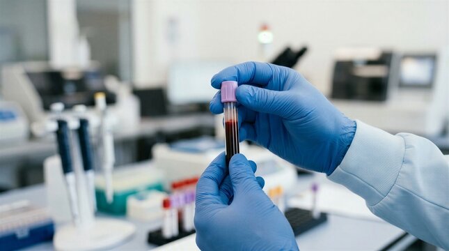 Blood Sample Testing Concept, Close Up of Laboratory Technician Holding EDTA Blood Collection Tube in Medical Laboratory