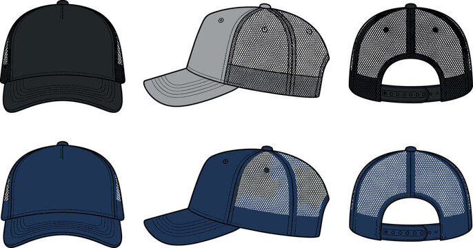 Blank trucker cap fashion technical sketch vector template set with mesh back showing front, side, and rear views for apparel manufacturing and branding mockup designs