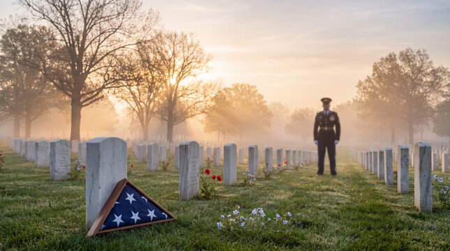 Folded flag rests at military cemetery headstone as honor guard stands in misty sunrise
