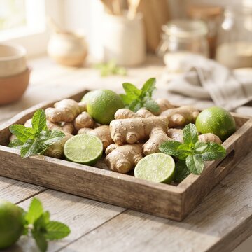 Ginger and lime with mint in wooden tray