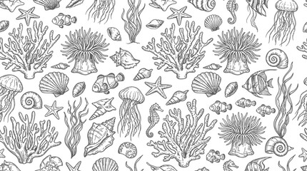 Fototapeta premium Hand drawn seamless pattern of underwater marine life and corals