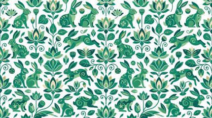 Fototapeta premium Seamless green rabbit pattern with decorative lotus floral ornaments