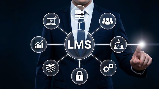 Businessman touching LMS learning management system concept interface