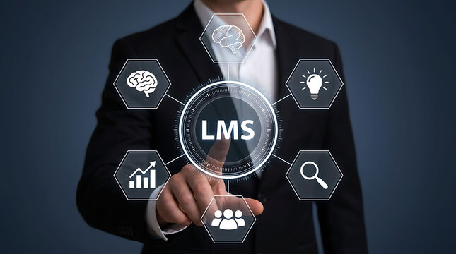 Businessman selecting LMS learning management system icon on digital screen