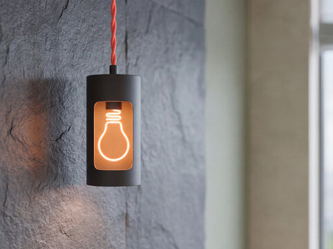 Matte charcoal pendant lamp with neon bulb outline on red cord against textured wall