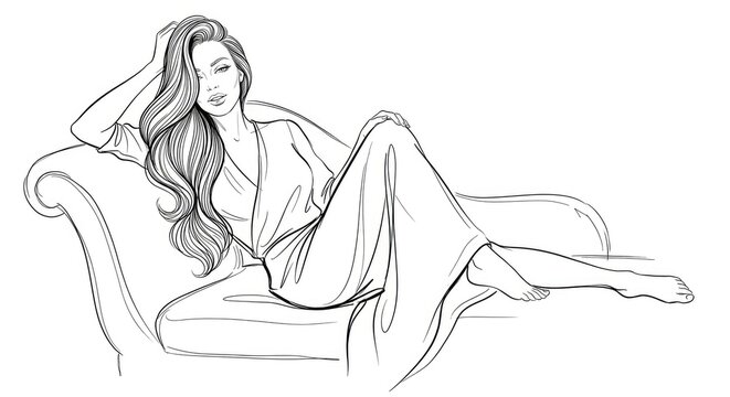 Elegant Woman in Robe Relaxing on Sofa Line Art Illustration