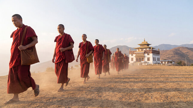 Monks in deep red robes walking dusty plateau toward white gold-roofed monastery