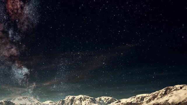 Stars fill the sky above mountain peaks covered in snow. The scene shows a vast landscape with no signs of human activity and clear visibility of the Milky Way.