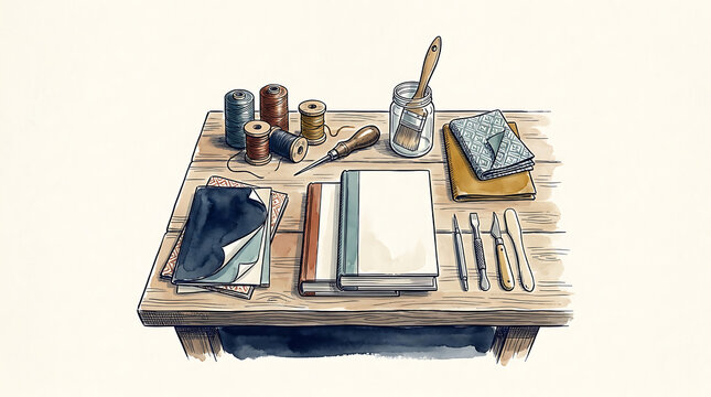 Bookbinding tools and on a wooden table including spools of thread, brushes, and books