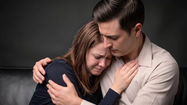 Young couple embracing in deep sorrow while sitting on black leather sofa. Medium shot with panning and tilting camera movement.