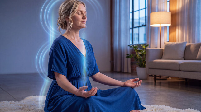 Blonde woman in blue dress meditating with glowing chest energy and chakra light rings