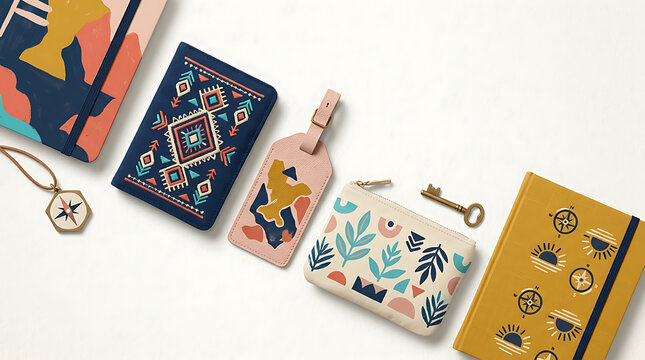 Flat lay of travel accessories including notebooks, a luggage tag, a coin purse, and a metal key