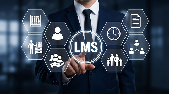 Businessman touching LMS learning management system icon for corporate training