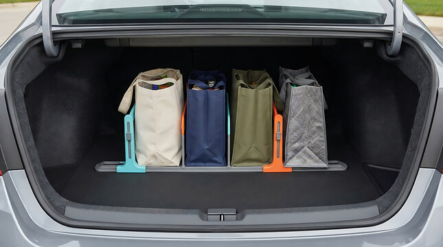 Four reusable shopping bags held by adjustable plastic dividers inside a car trunk cargo space