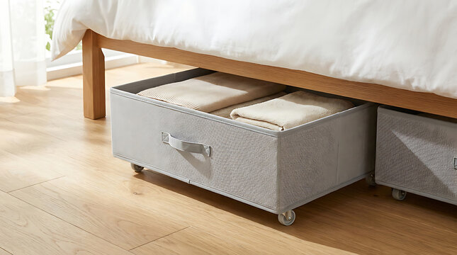 Grey fabric storage bin with wheels underneath a bed frame for organizing bedding and linens