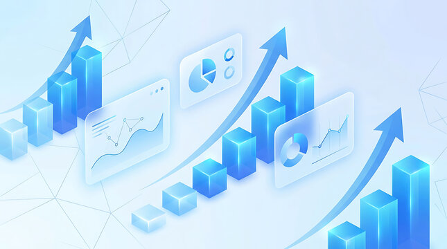 Isometric 3d business charts with rising arrows and data analytics panels on light blue background