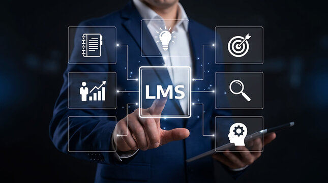 Businessman touching LMS learning management system concept interface on virtual screen