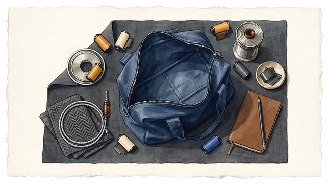 Vintage equipment with rolls, leather bag, notebook, and metal reels on dark mat