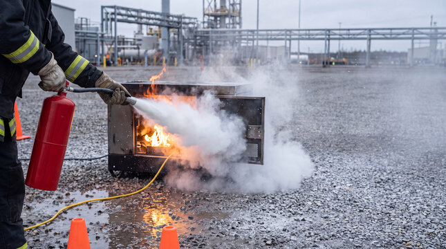 Firefighter using portable extinguisher on metal training prop in industrial yard