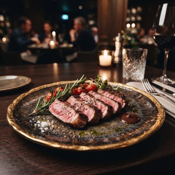 Sliced Steak with Rosemary and Tomatoes on Elegant Plate in Restaurant