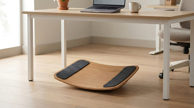 Wooden ergonomic footrest rocker placed under a light wood office desk with a laptop and coffee mug