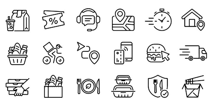 Collection of delivery line icons, including courier, restaurant, food, fast food, scooter, deliver, menu, grocery, take away.